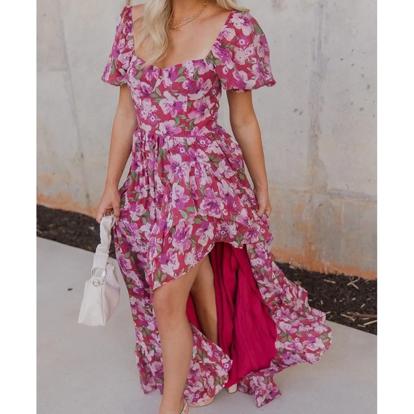 Storia Dresses & Skirts - STORIA Floral Ruffle Maxi Dress Womens Small Milkmaid Fairy Front Slit Feminine